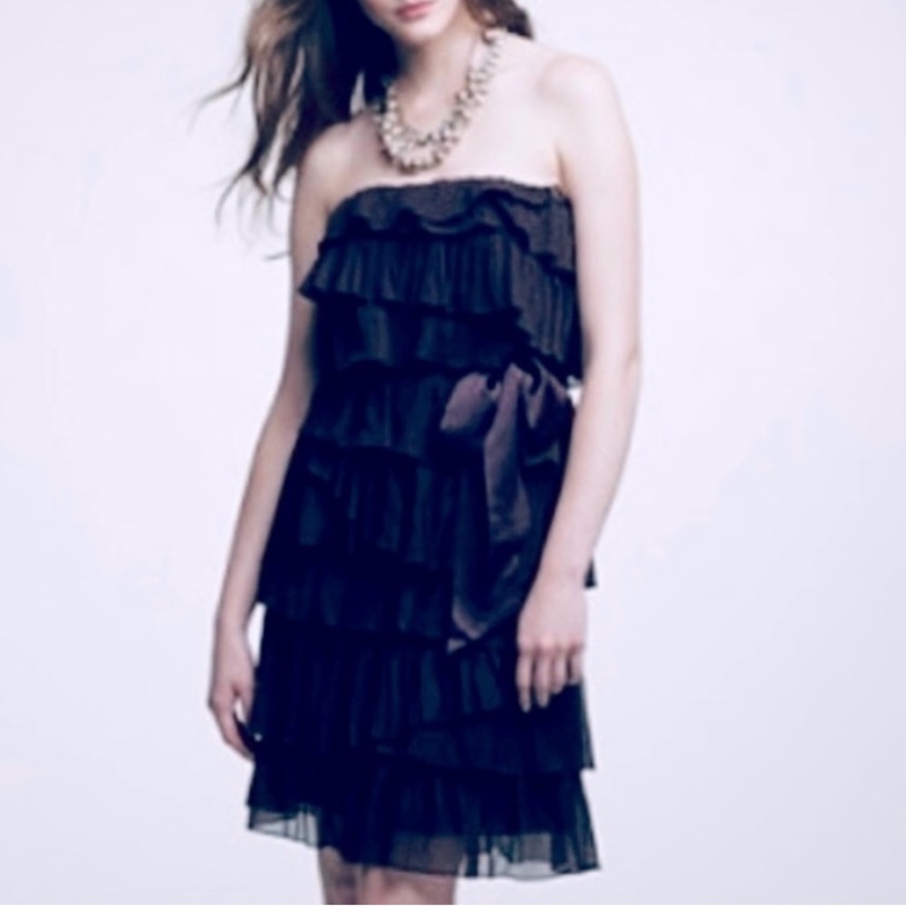 J.Crew Black Silk Strapless Tiered Ruffled Mini Dress with Bow, Size 0 EUC